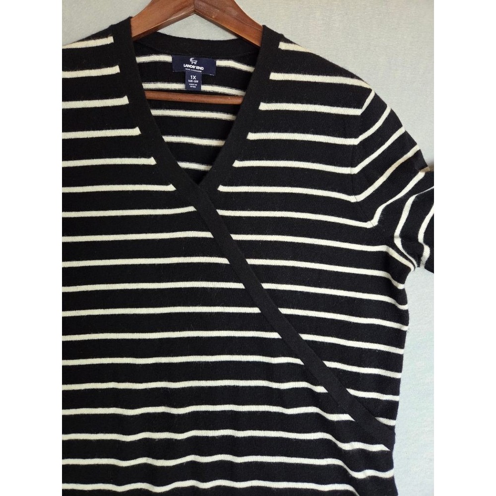 Lands' End 100% Cashmere Sweater Womens 1X Striped Faux Wrap Old Money Nautical - Picture 2 of 10
